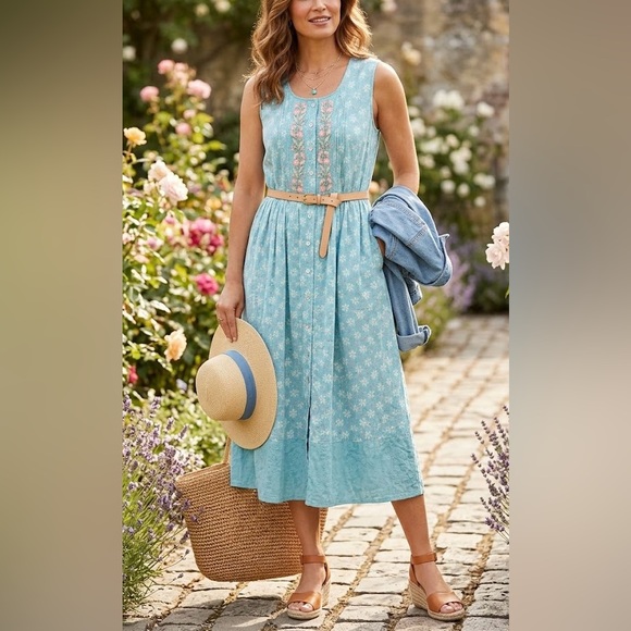 April Cornell Floral Embroidered Button Front Midi Dress Blue Lace Trim Large - Picture 14 of 14